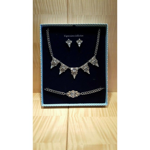 Silver Necklace Boxed Set with Rhinestones Formal - Picture 1 of 4